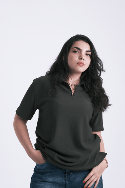 OLIVE GREEN ZIP-UP POLO